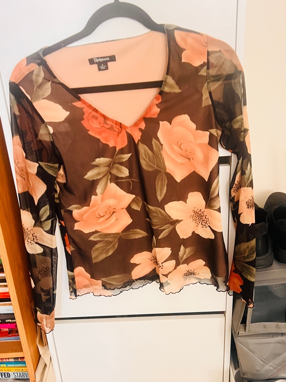 Peppermint Coral Floral Mesh V-Neck Long Sleeve Top